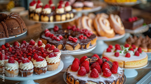 delicious cakes with berries on table in cafe © EvhKorn