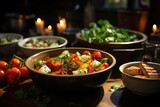Delicious vegetable salads in different bowls in the upper view of wooden table, generative IA