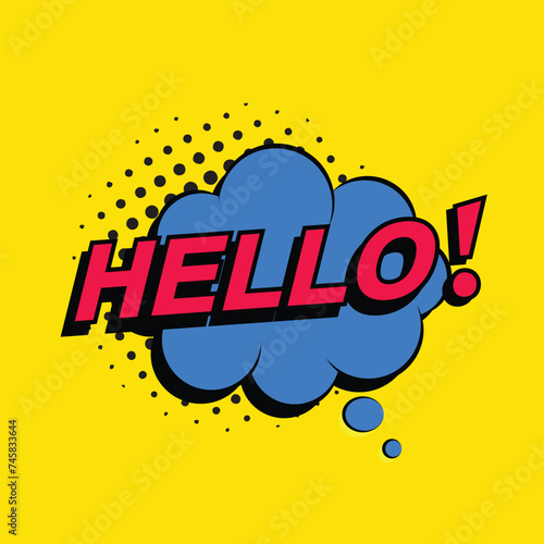 Hello retro colorful comic speech bubbles with halftone shadows on yellow background. Expression text HELLO, pop art style Vector illustration