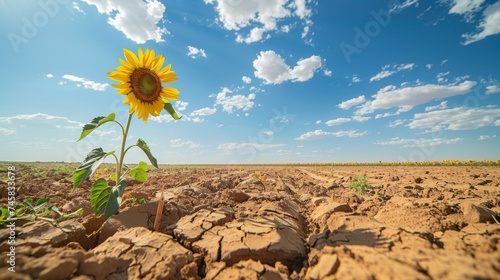 A lone sunflower drooping in the blistering heat, a symbol of resilience amidst agricultural drought