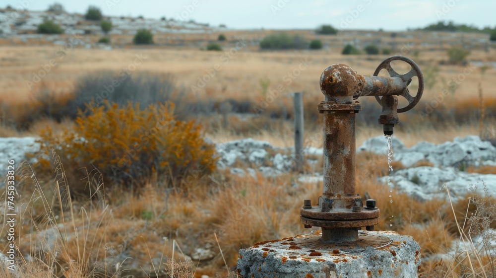 A rusted water pump standing idle beside a dried-up well, symbolizing the failure of irrigation systems A rusted water pump standing idle beside a dried-up well, symbolizing the failure of irrigation systems