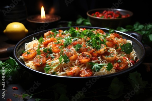 Seafood spaghetti with shrimp shrimp tomato sauce and parsley, generative IA