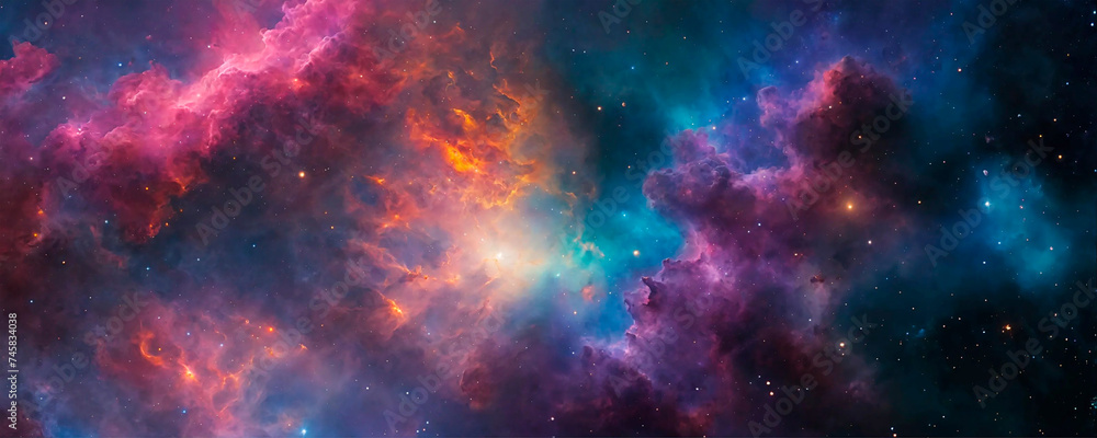 Colorful Universe background with rainbown-like cosmic clouds and gas. Banner format.