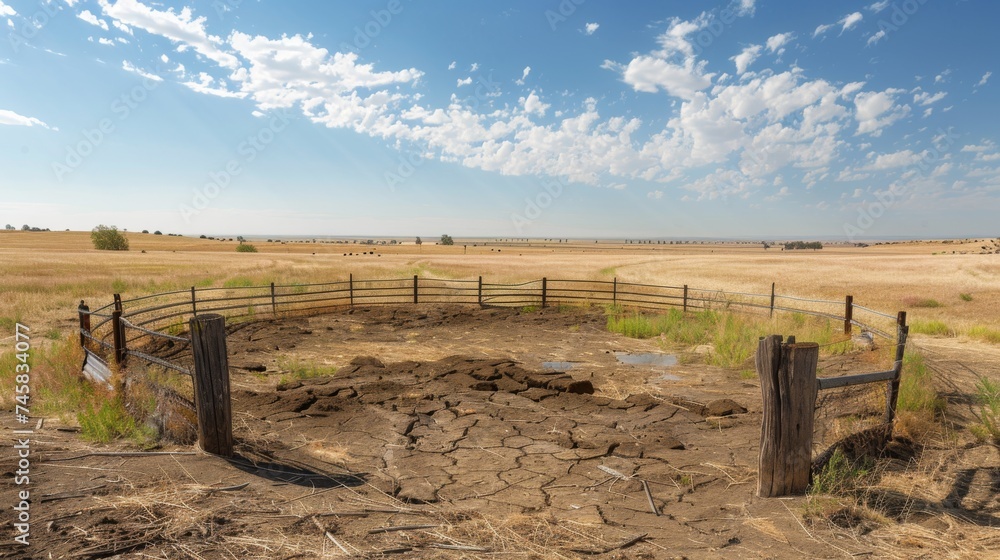 An empty cattle pen and parched grazing fields, illustrating the plight of livestock farmers during severe drought