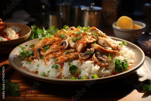 Chicken stroganoff accompanied by rice, salad and potato straw., generative IA