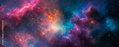 Colorful Universe background with rainbown-like cosmic clouds and gas. Banner format.