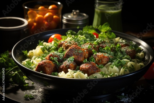 Farfalle Noodles with meatballs and spinach sauce with fried chickpeas., generative IA