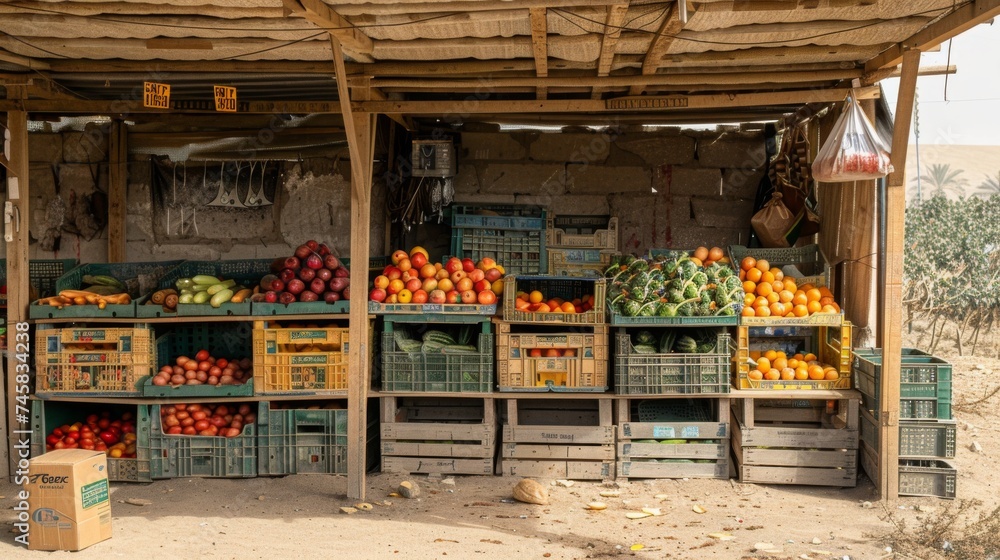 An empty market stall with dust-covered produce crates, showcasing the economic impact of agricultural drought