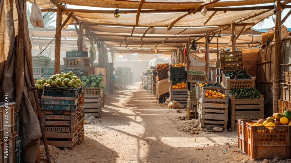 An empty market stall with dust-covered produce crates