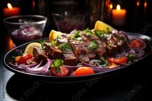 Baked or grilled cattle liver with onion and tomato salad, generative IA