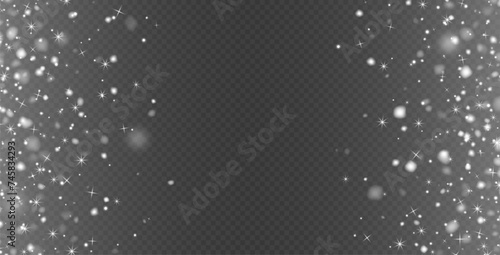 Falling snow in motion isolated on a dark background. White blurred snowflakes flying in the air. Christmas decoration. Vector illustration.