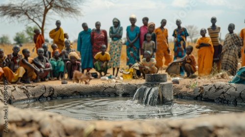 Farmers gathered around a dwindling water source, highlighting the community's struggle during a severe drought