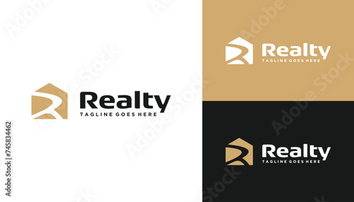 Golden Initial Letter R Realty with House Building For Real Estate Architecture Apartment Logo Design