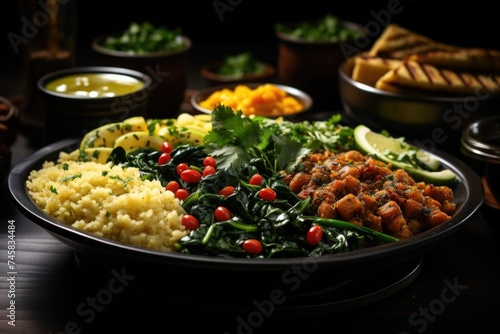 High angle photo of delicious traditional ethiopian food with vegetables on a wood, generative IA