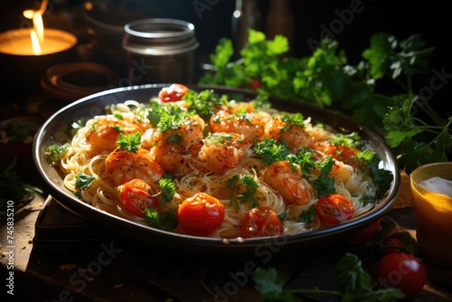 Spaghetti noodles with shrimp, tomato and parsley. healthy meal. Italian food., generative IA