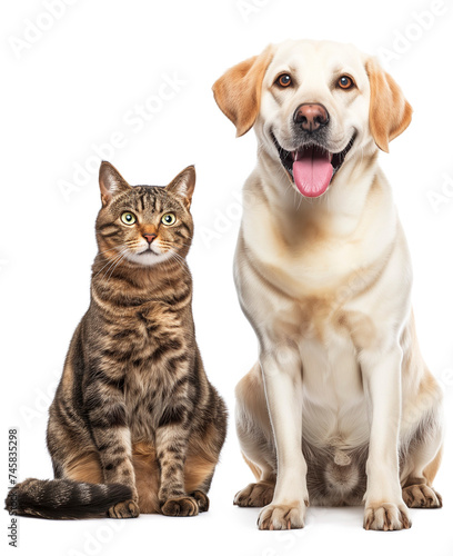 A dog and a cat sitting peacefully together next to each other on a white background. The concept of friendship between animals. Veterinary medicine, animal care. © Vero