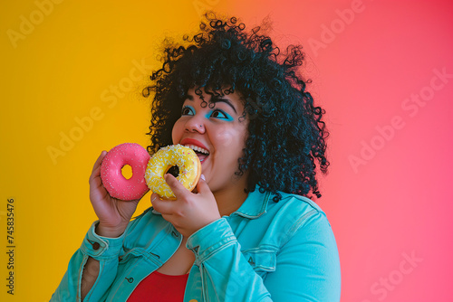Cheerful curvy woman holding donuts. Plus size young woman ready to eat donut with frosting. photo