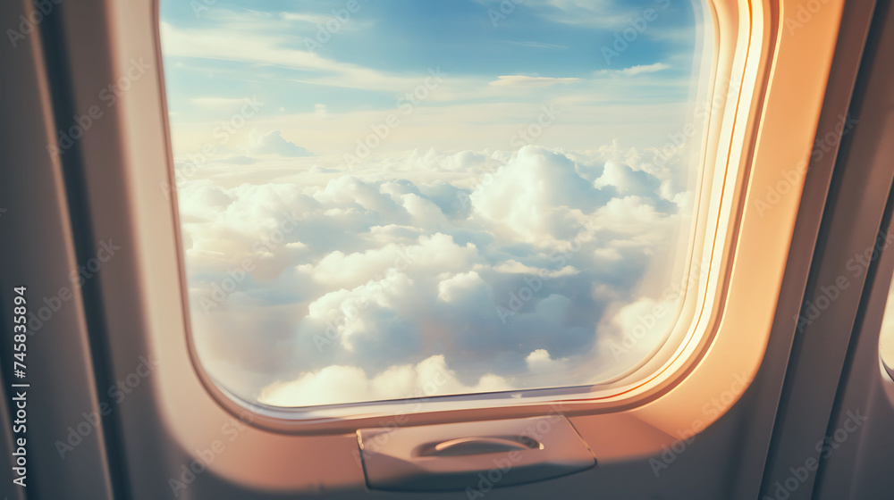 Take-off moment: close-up of the plane window with a view of the clouds. In the style of hygge. Take-off moment: close-up of the plane window with a view of the clouds. In the style of hygge.