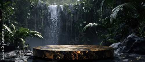 Stone platform, podium with gold, steam or smoke, on dark jungle tropical leaves background. Layout, display for product presentation. Lights, shadows effect. Generative AI