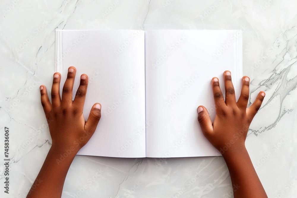 Child's hands with blank book on light background - obrazy, fototapety, plakaty 
