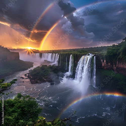 rainbow over the waterfalls meet after thunderstorm