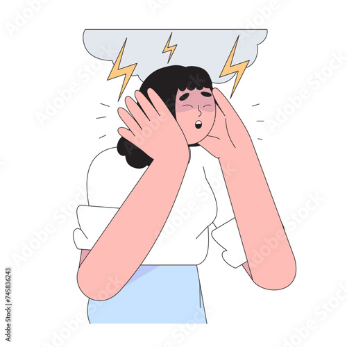 Woman, girl or female character has terrible cluster headache or migraine symptoms. Tired and sick person hold head with hands and feel severe pain in her head. Character flat vector illustration.