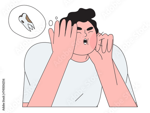 Male character hold head suffer from severe toothache. Man with periodontal disease or dental decay feeling pain in teeth and jaw. Vector illustration of character going to see dentist to put filling.