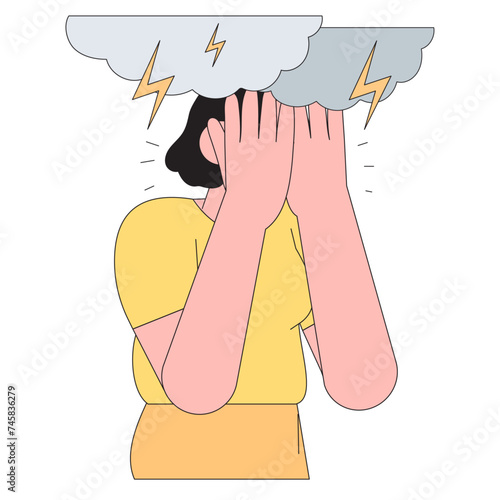 Woman, girl or female character has terrible cluster headache or migraine symptoms. Tired and sick person hold head with hands and feel severe pain in her head. Character flat vector illustration.