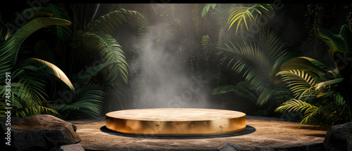  Stone platform  podium with gold  steam or smoke  on dark jungle tropical leaves background. Layout  display for product presentation. Lights  shadows effect. Generative AI