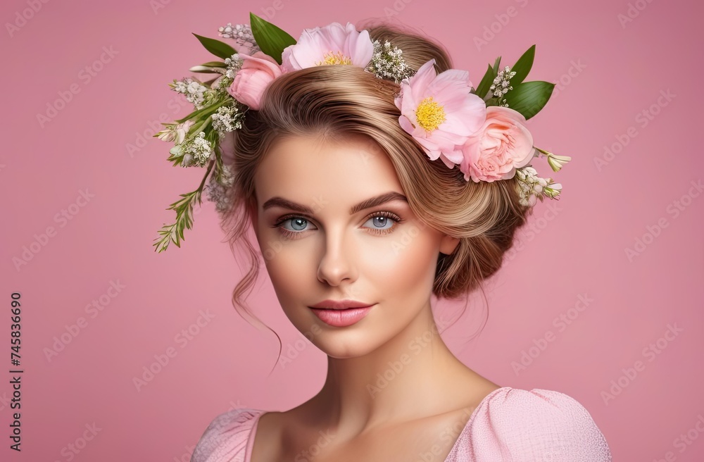 Side view, portrait of a young girl with spring flowers in her hairstyle. Side view, portrait of a young girl with spring flowers in her hairstyle.