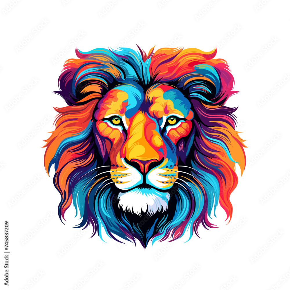 Colorful lion face drawing vibrant vivid colored t-shirt design vector illustrations