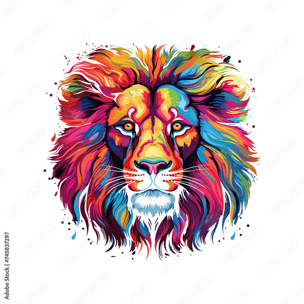 Colorful lion face drawing vibrant vivid colored t-shirt design vector illustrations