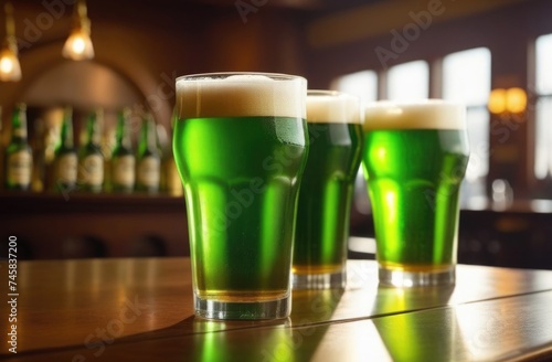 Green beer in a glass pint in an Irish pub. A cup of emerald beer on a wooden table in a bar. St.Patrick 's Day. March 17. Bright sunlight backlight. Bar counter. Alcoholic drink