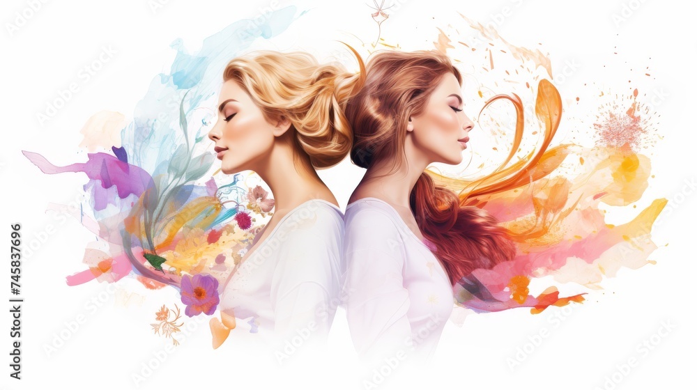 Two women connected in colorful feminine energy