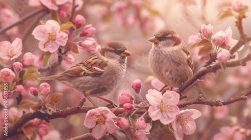Sparrows on blooming apple tree brunch, Springtime Sakura