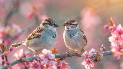 Sparrows on blooming apple tree brunch, Springtime Sakura © Rawf8