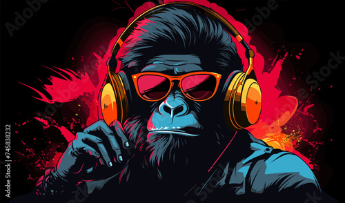 Cool gorilla wearing sunglasses with a DJ look vector