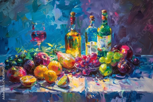 A vivid oil painting presents a still life scene with wine bottles, fruits, and lively brushstrokes, embodying richness and indulgence