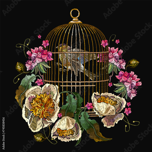 Caged birds, yellow peonies and geranium flowers. Fashion embroidery art. Template for clothes, textiles, t-shirt design