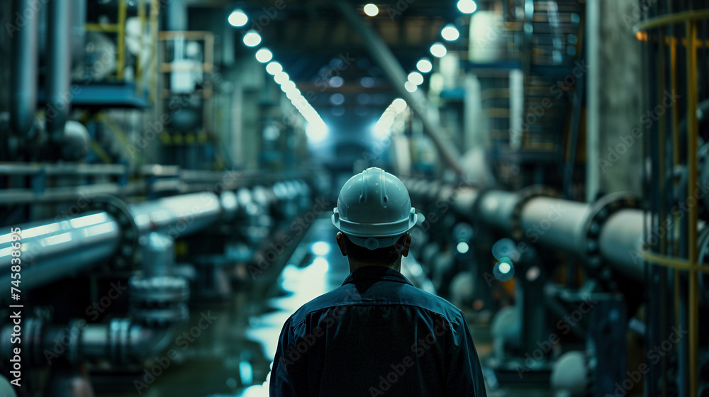 Engineer Inspecting Industrial Facility Piping on Plant Floor - obrazy, fototapety, plakaty 
