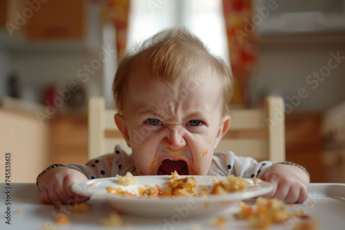Little baby girl crying and screaming during eating  angry baby boy doesn t want to eat