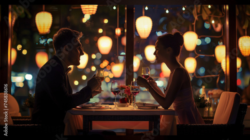 Romantic Dinner Date at an Elegant Restaurant with City Lights