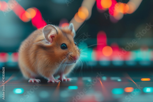 hamster in front of blurry trading charts, novice in stock exchange and asset market concept photo