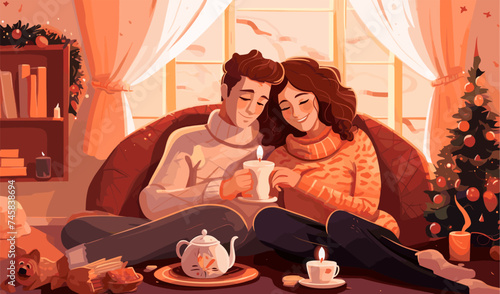cosy couple at home winter new year isolated vector style on isolated background illustration