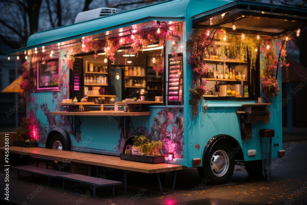 A van with street food. A food truck