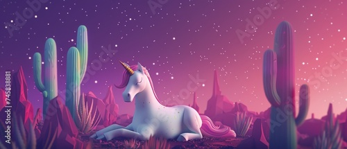 A magical unicorn nestled among cacti in a minimalist desert landscape under a starry sky photo