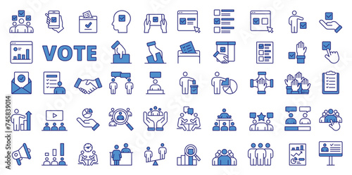 Vote icons in line design, blue. Vote, election, democracy, poll, ballot, voting, infographic, website, line, candidate, politics, isolated on white background vector. Vote editable stroke icons.