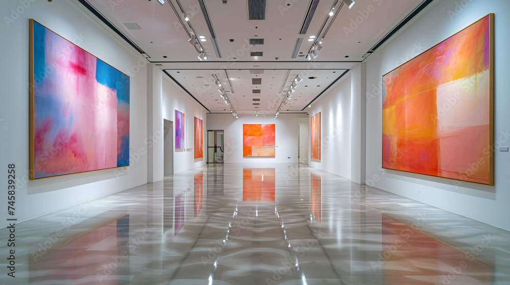 A spacious modern art gallery with white walls adorned with artwork.
