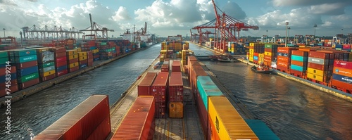 A busy shipping port with containers being loaded onto ships