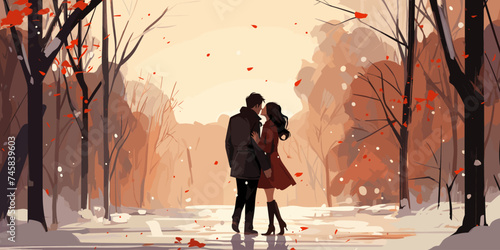 couple in love woman and man kissing outside in winter snow fall romantic cute vector character